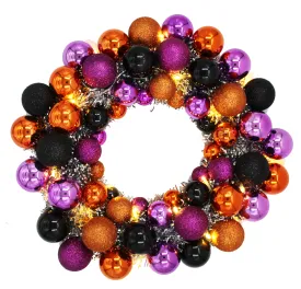 16" Purple, Orange and Black Ball Wreath with Battery Powered Warm White LEDs