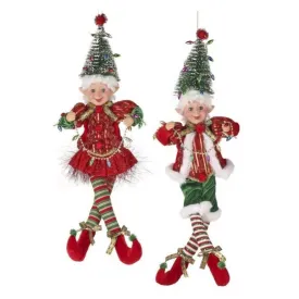 18" Red & Green Tinsel Pixie Elf With Tree Hat Set Of 2