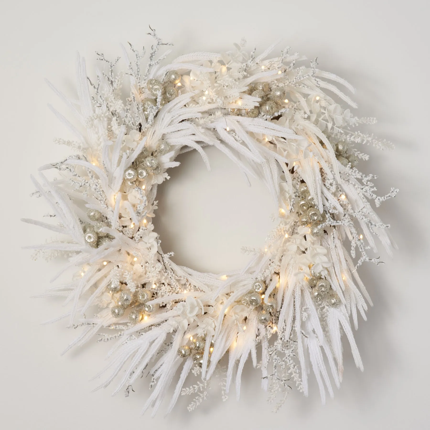 All Aglow - Real Touch White Norfolk, Glitter Eucalyptus & Sugared Berry Pre-Lit Christmas Winter Front Door Wreath