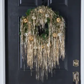 Art Deco Elegance - Champagne Gold Vintage Finial Ornament & Dense Draped Tinsel Christmas Front Door Wreath - Unlit or Pre-Lit Option