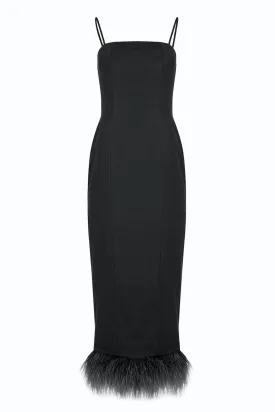 BLACK FEATHER TRIMMED MIDI DRESS