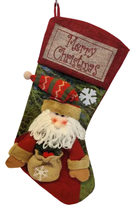 Burlap Santa Stocking with Red & Green Hat & Burlap Sack Of Berries - Merry Christmas