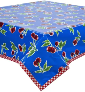 Cherry Blue Oilcloth Tablecloths with Red Gingham Trim