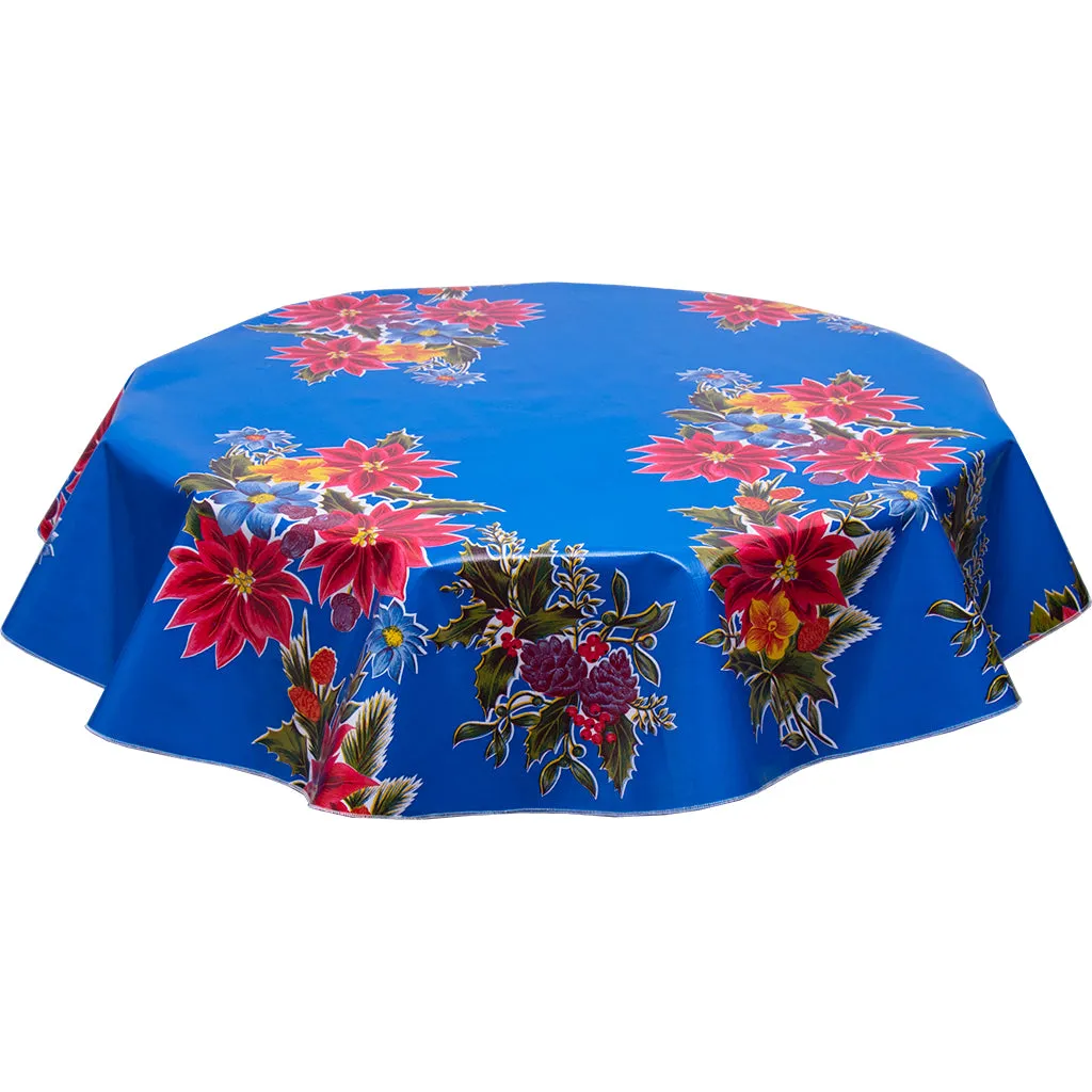 Christmas Oilcloth Tablecloth Poinsettia on Blue