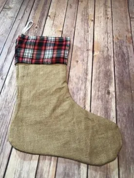 Christmas Stocking - CS2 - Red/Black/White Plaid Cuff Real Burlap stocking