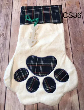 Christmas Stocking - CS36 - Paw Stocking Blue Plaid with Fish Bone with Red line