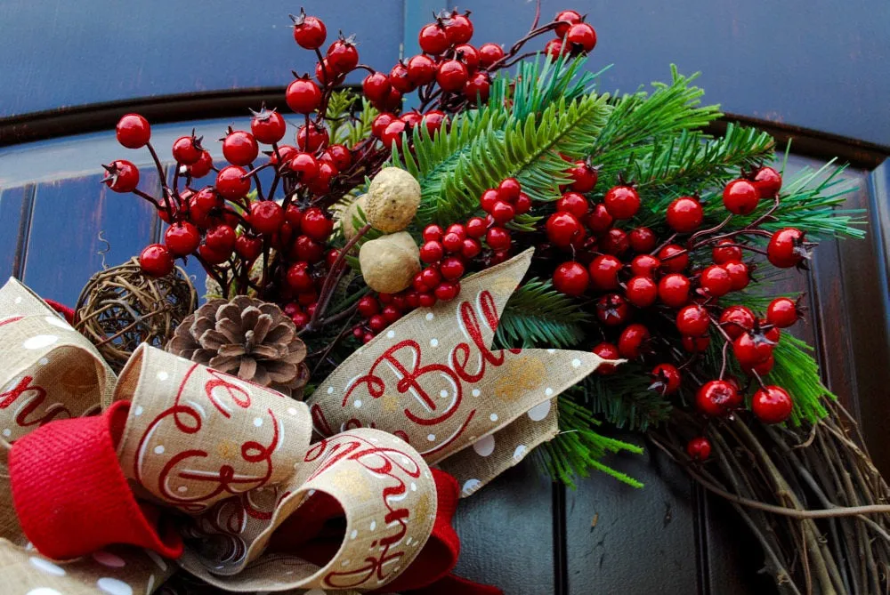 Christmas wreath~farmhouse decor~Sleigh Bells~front door wreath~rustic bell wreath~red berry wreath