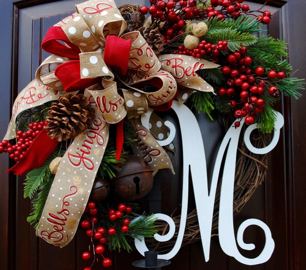 Christmas wreath~farmhouse decor~Sleigh Bells~front door wreath~rustic bell wreath~red berry wreath