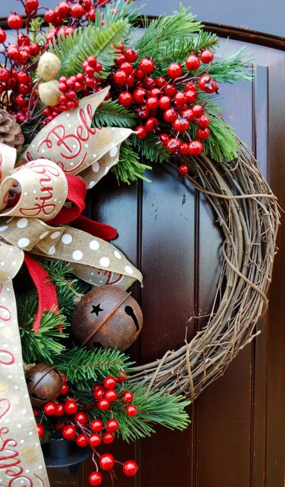 Christmas wreath~farmhouse decor~Sleigh Bells~front door wreath~rustic bell wreath~red berry wreath