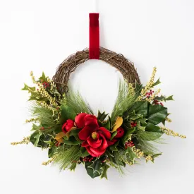 Classic Red Magnolia Blossom & Leaf Holiday Christmas Wreath with Holly, Long Needle Pine, Green Berries & Velvet Ribbon Hanger