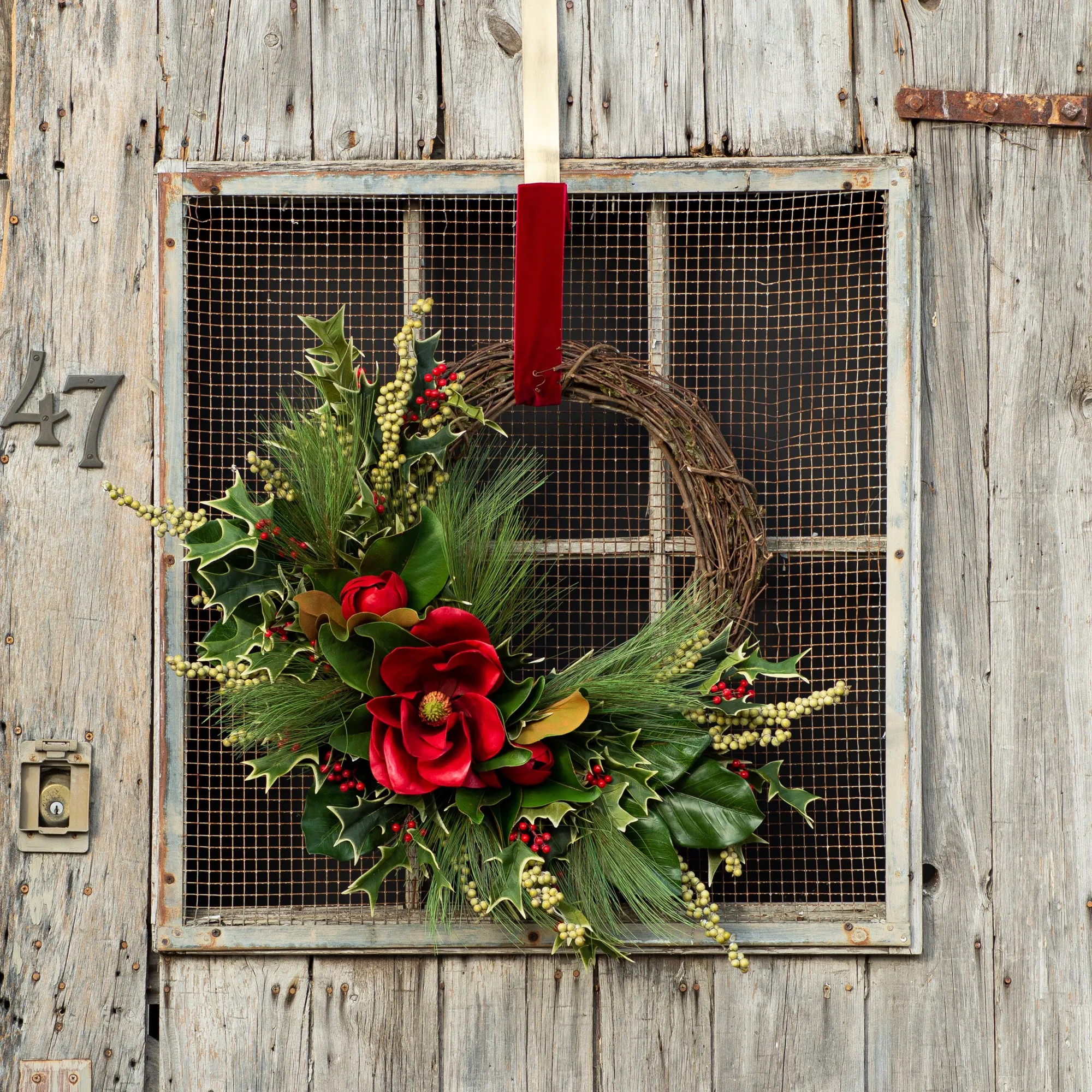 Classic Red Magnolia Blossom & Leaf Holiday Christmas Wreath with Holly, Long Needle Pine, Green Berries & Velvet Ribbon Hanger