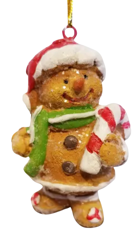 Gingerbread Resin Ornament Wearing Santa hat & Holding Candy Cane 3"