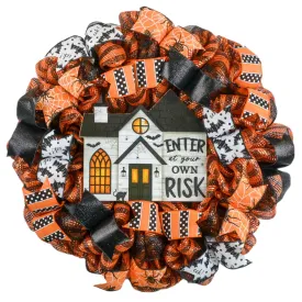 Happy Halloween Wreath - Haunted House Door Wreaths - Enter Own Risk Halloween Front Door Decor ; Orange Black White Stripe