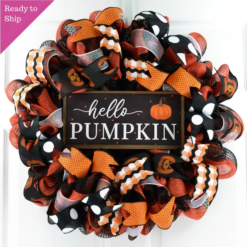 Hello Pumpkin Halloween Door Wreaths | Orange Mesh Front Door Decor | Black Orange Polka Dot