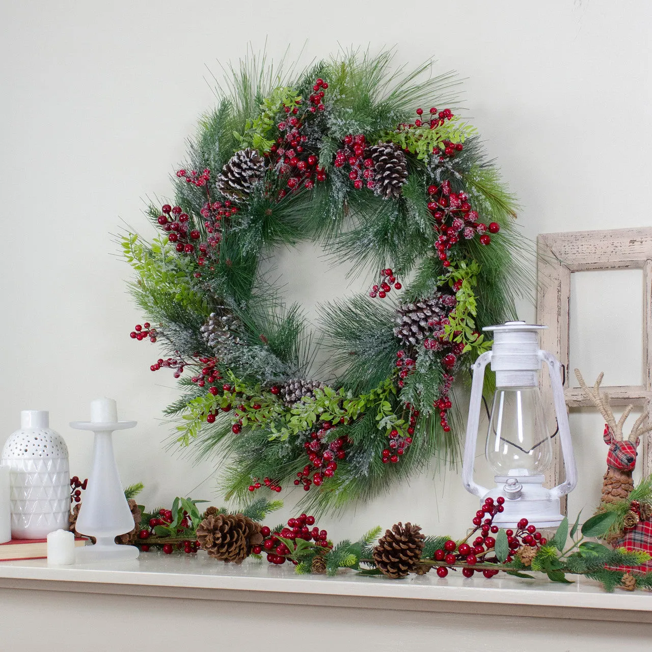 Iced Red Berries and Mixed Pine Artificial Christmas Wreath - 32 inch, Unllit