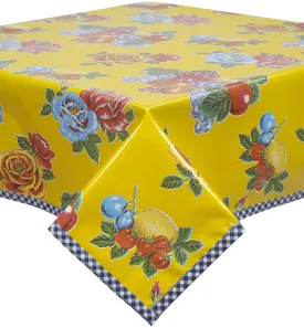 Lemons and Roses Yellow Oilcloth Tablecloth with Navy Gingham Trim