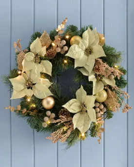 Pre-Lit Decorated Wreath, Cream/Gold, 60 cm