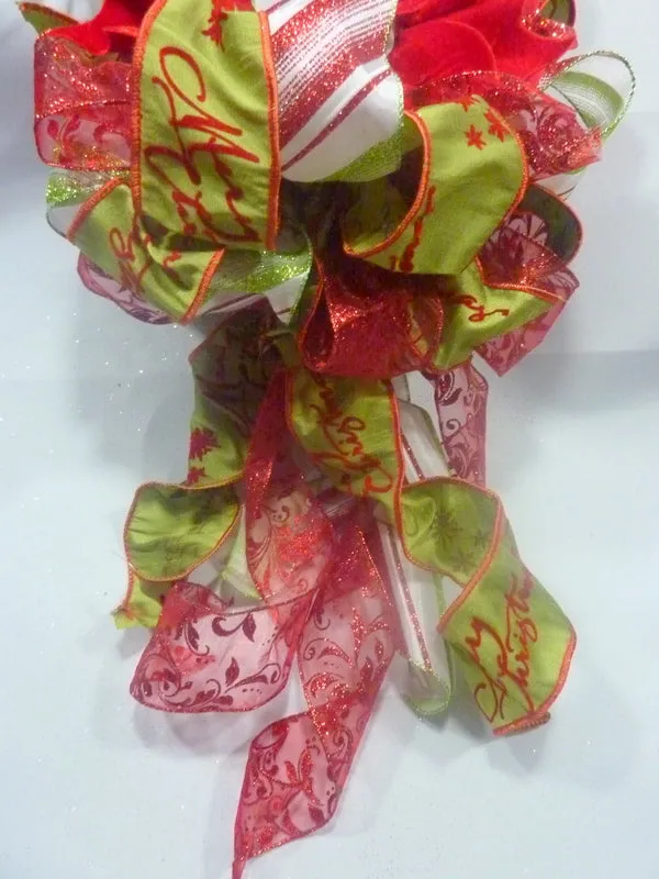 Red and Green Poinsettia Ribbon Tree topper, Bow Tree Topper