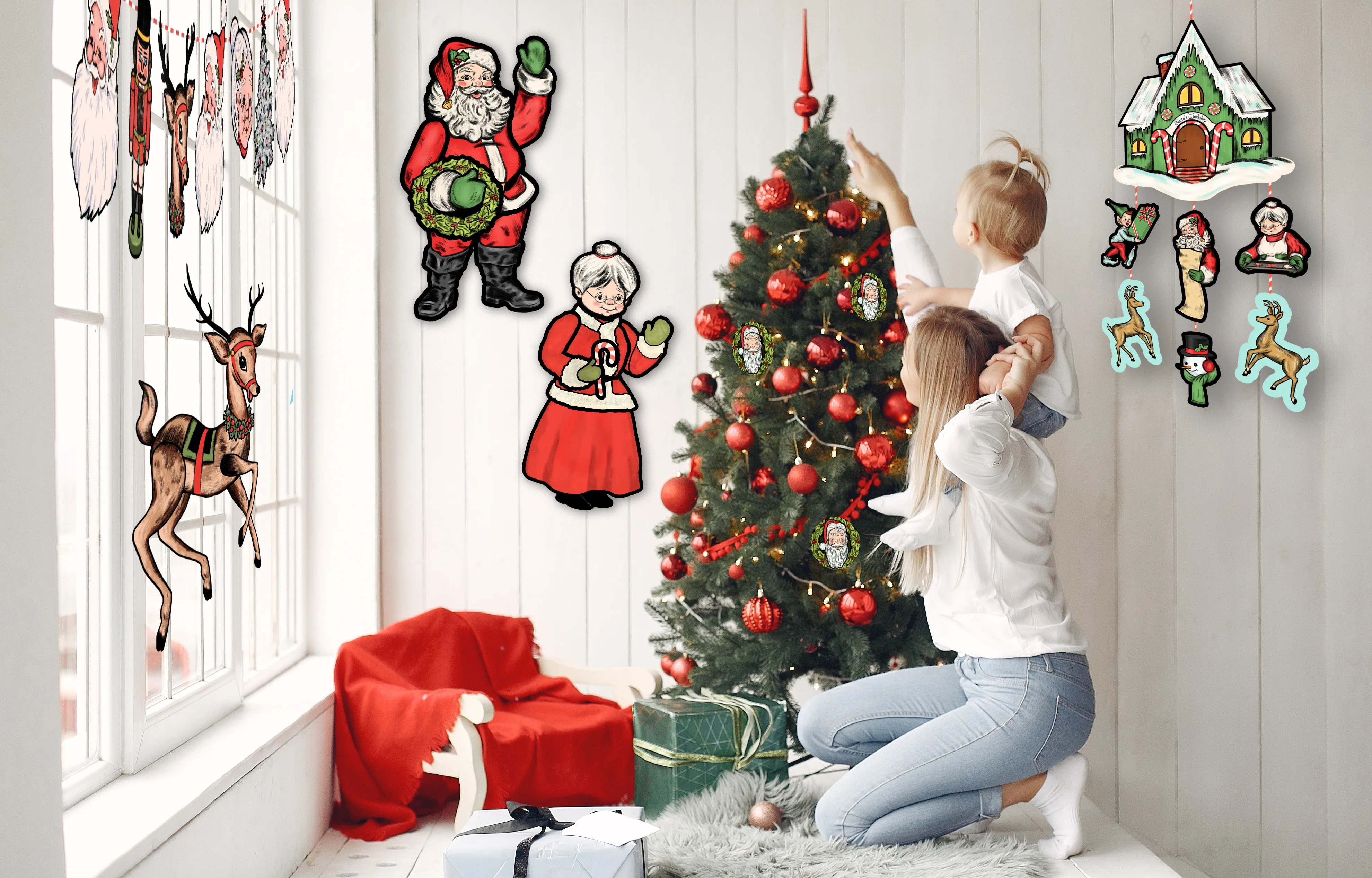 Retro Inspired Jointed Mrs Claus Christmas Cutout Decoration