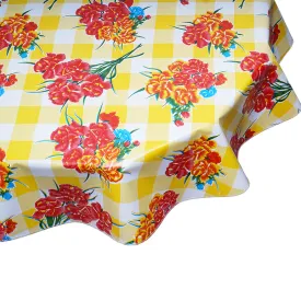 Round Oilcloth Tablecloth Carnations on Large Yellow Gingham