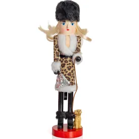 Shopping Lady Christmas Nutcracker - Wooden Glitter Shopper with Dog Themed Holiday Nut Cracker Doll Figure Toy Decorations