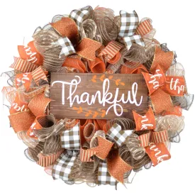 Thankful Buffalo Check Fall Thanksgiving Wreath | Orange White Brown